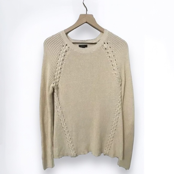 Halogen Cream Fisherman Sweater Crew Neck Knit Lace Up Stitching Size Small - Picture 1 of 8